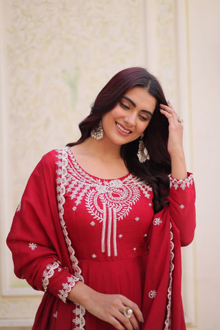 Red Chanderi Anarkali Gown With Dupatta ClothsVilla