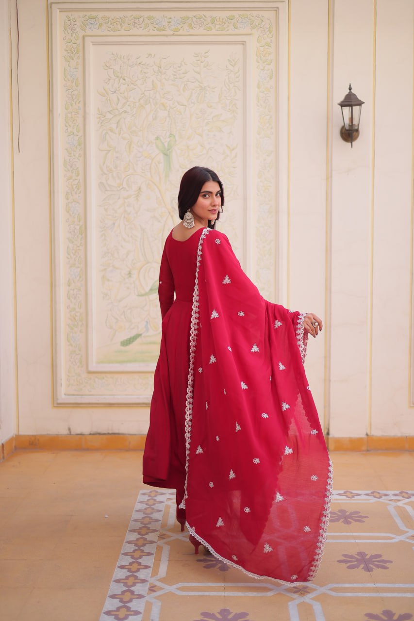 Red Chanderi Anarkali Gown With Dupatta ClothsVilla