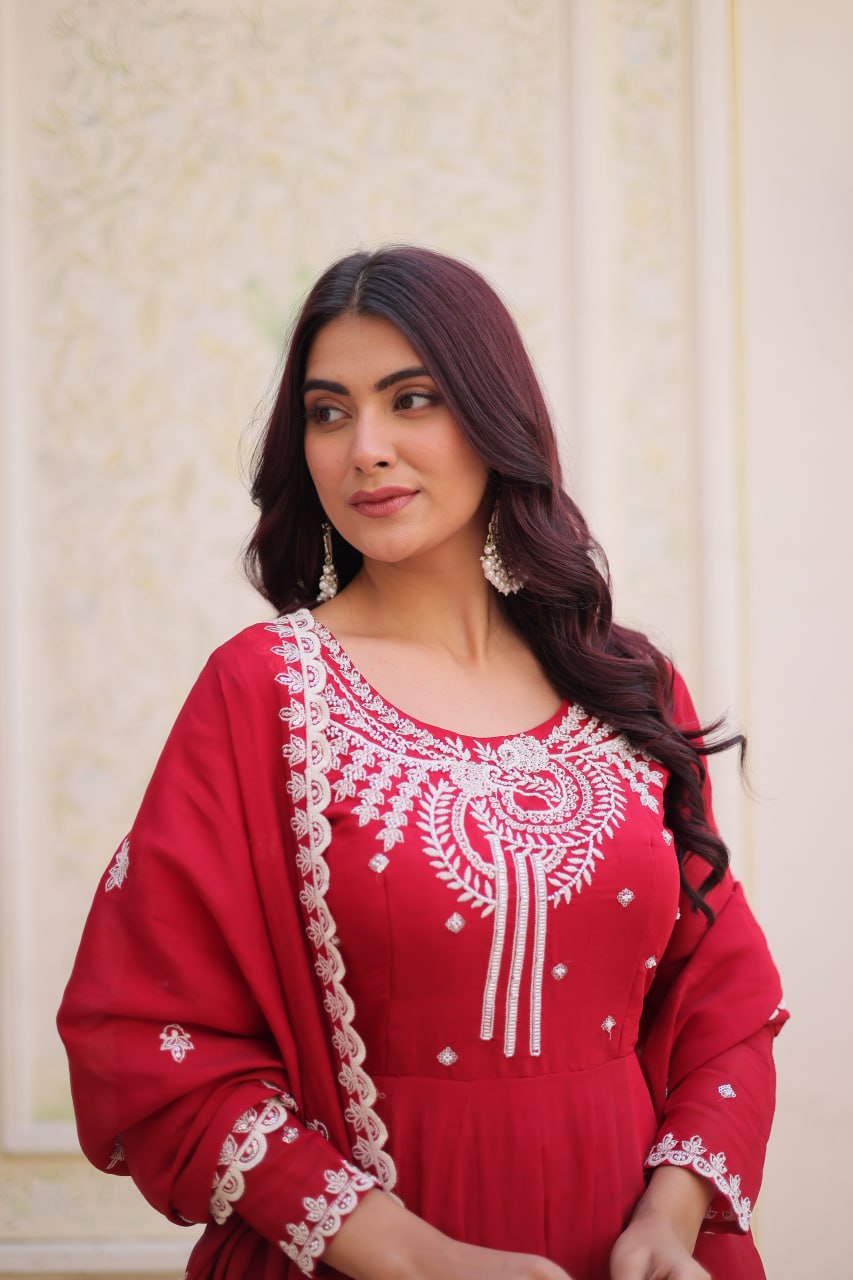Red Chanderi Anarkali Gown With Dupatta ClothsVilla