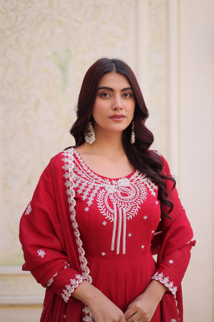Red Chanderi Anarkali Gown With Dupatta ClothsVilla