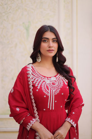 Red Chanderi Anarkali Gown With Dupatta ClothsVilla