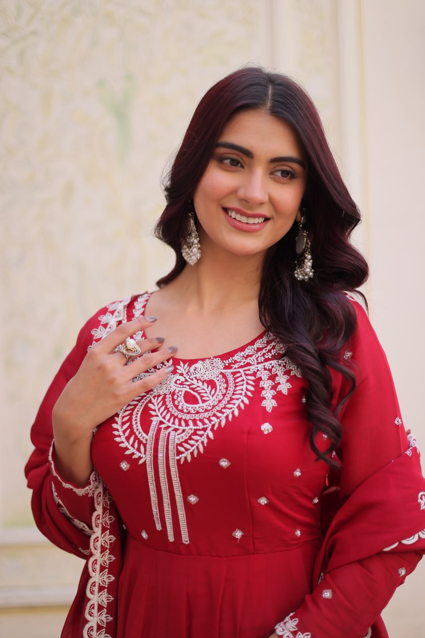 Red Chanderi Anarkali Gown With Dupatta ClothsVilla