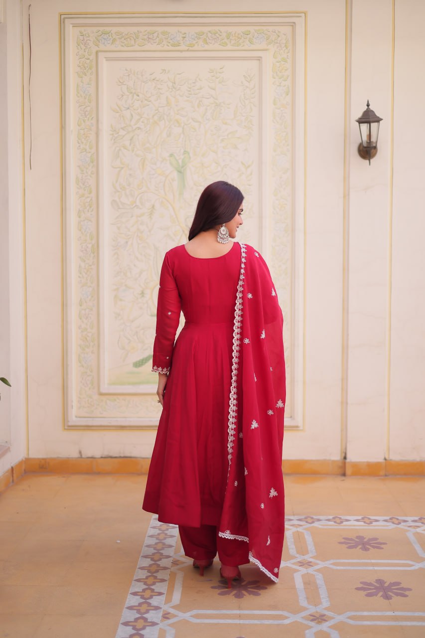 Red Chanderi Anarkali Gown With Dupatta ClothsVilla