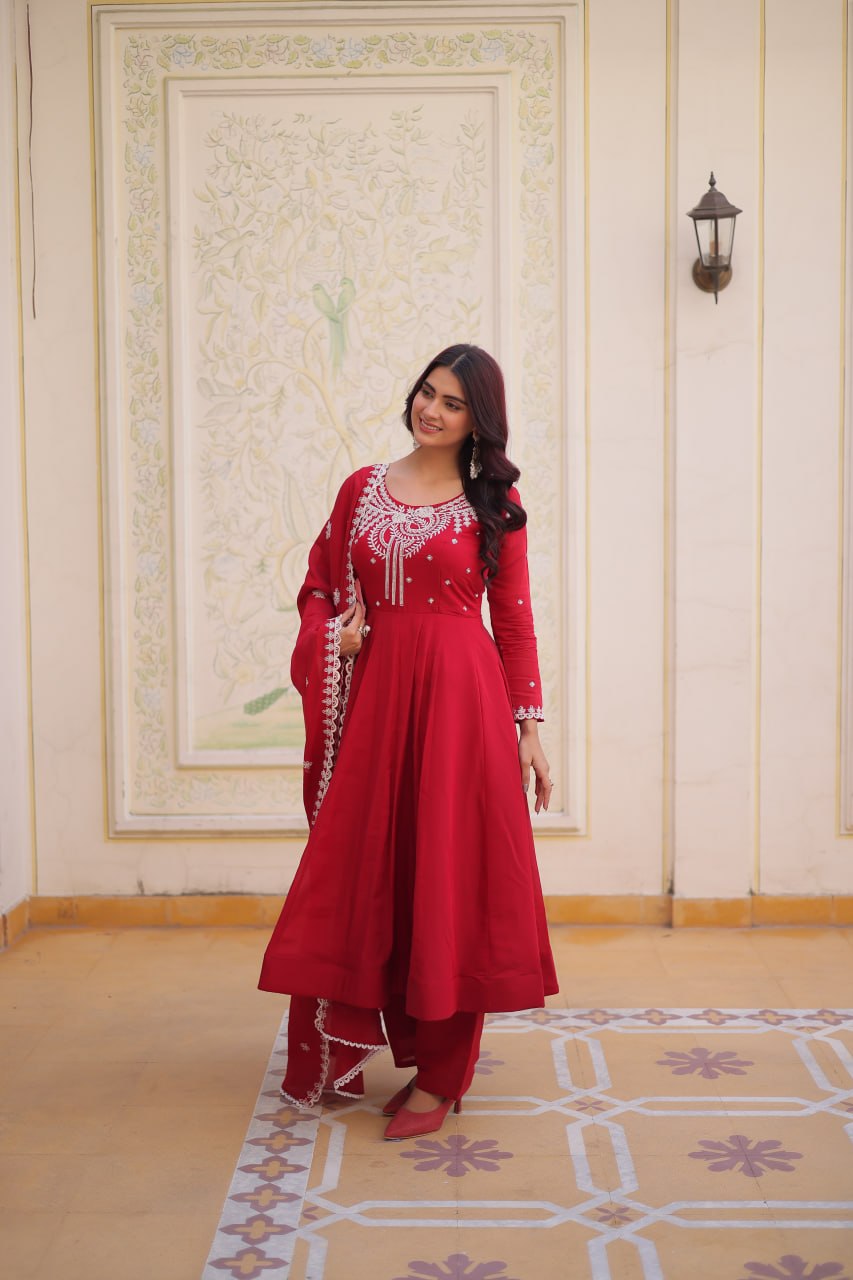 Red Chanderi Anarkali Gown With Dupatta ClothsVilla
