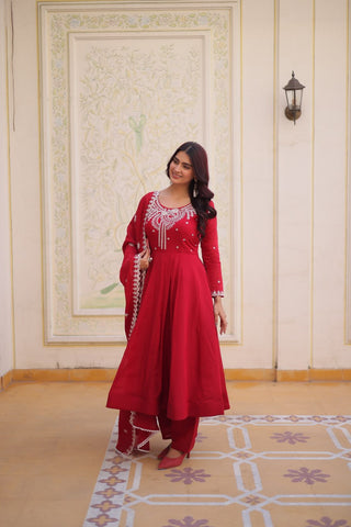 Red Chanderi Anarkali Gown With Dupatta ClothsVilla