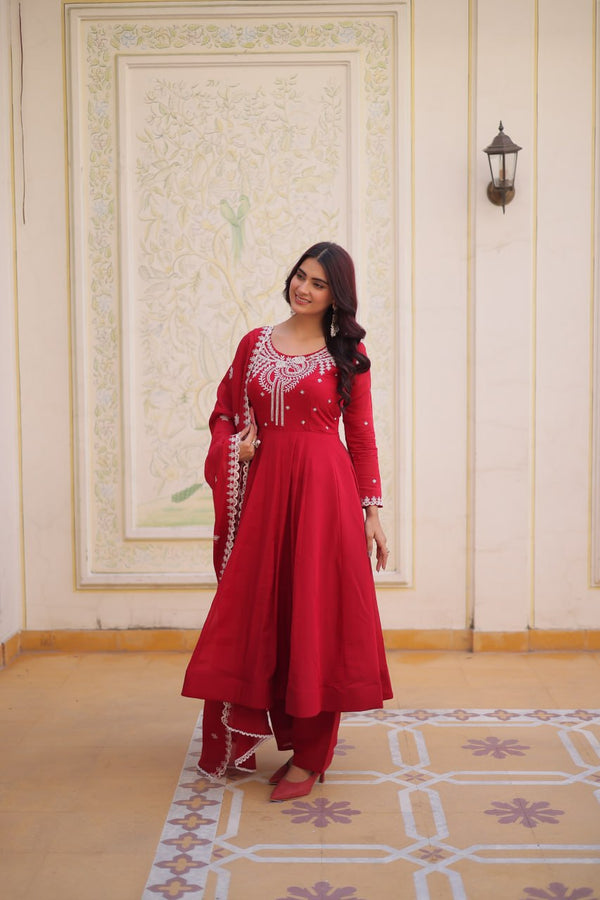 Red Chanderi Anarkali Gown With Dupatta ClothsVilla