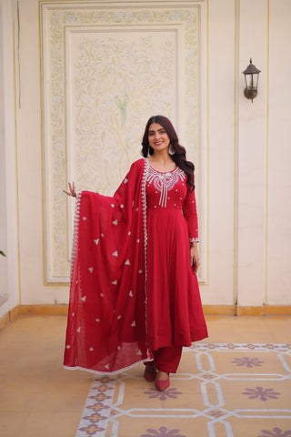 Red Chanderi Anarkali Gown With Dupatta ClothsVilla