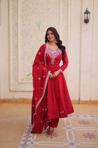 Red Chanderi Anarkali Gown With Dupatta ClothsVilla