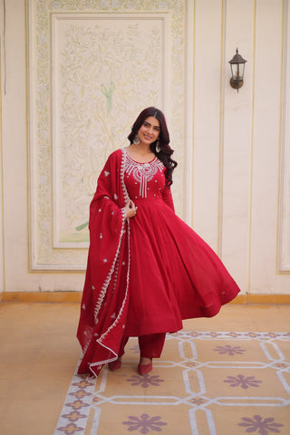 Red Chanderi Anarkali Gown With Dupatta ClothsVilla