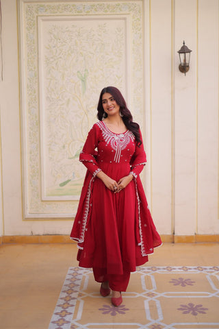 Red Chanderi Anarkali Gown With Dupatta ClothsVilla