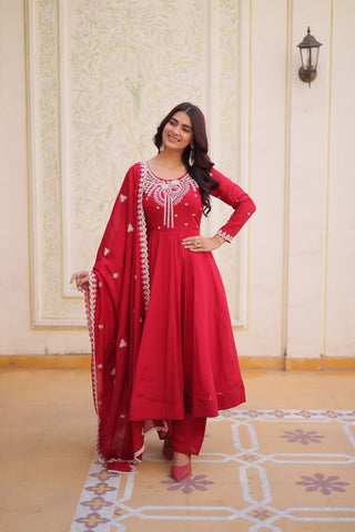 Red Chanderi Anarkali Gown With Dupatta ClothsVilla