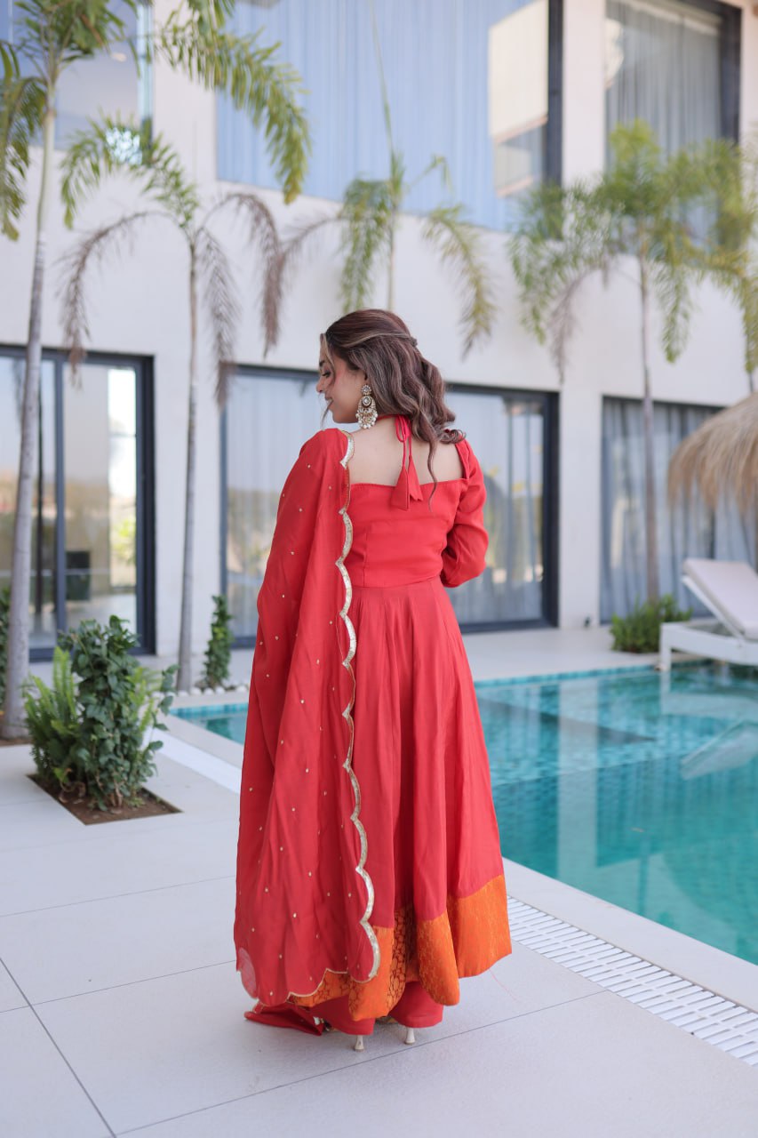 Red Chanderi Mirror Lace Kurti Pant Set ClothsVilla