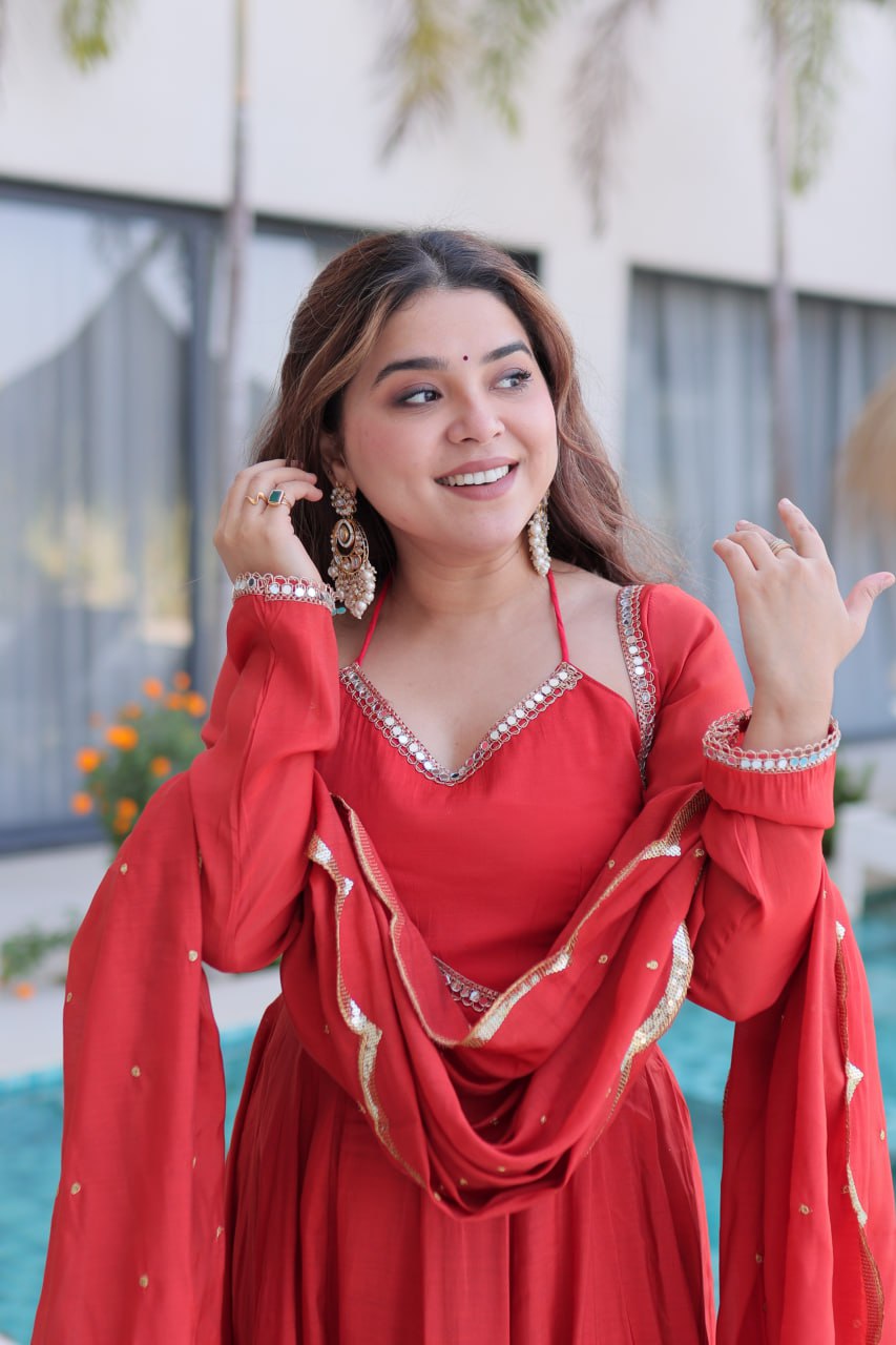 Red Chanderi Mirror Lace Kurti Pant Set ClothsVilla