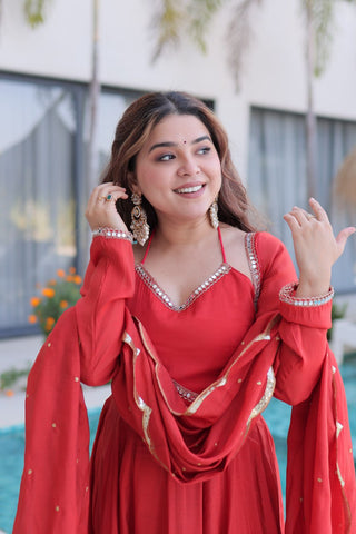Red Chanderi Mirror Lace Kurti Pant Set ClothsVilla