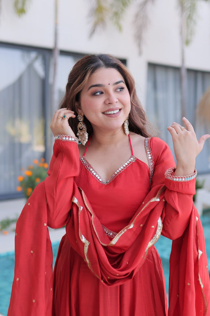 Red Chanderi Mirror Lace Kurti Pant Set ClothsVilla