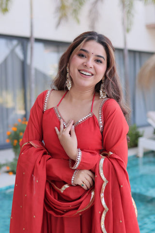 Red Chanderi Mirror Lace Kurti Pant Set ClothsVilla