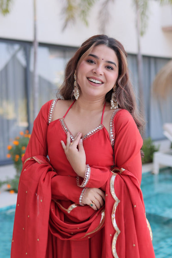 Red Chanderi Mirror Lace Kurti Pant Set ClothsVilla