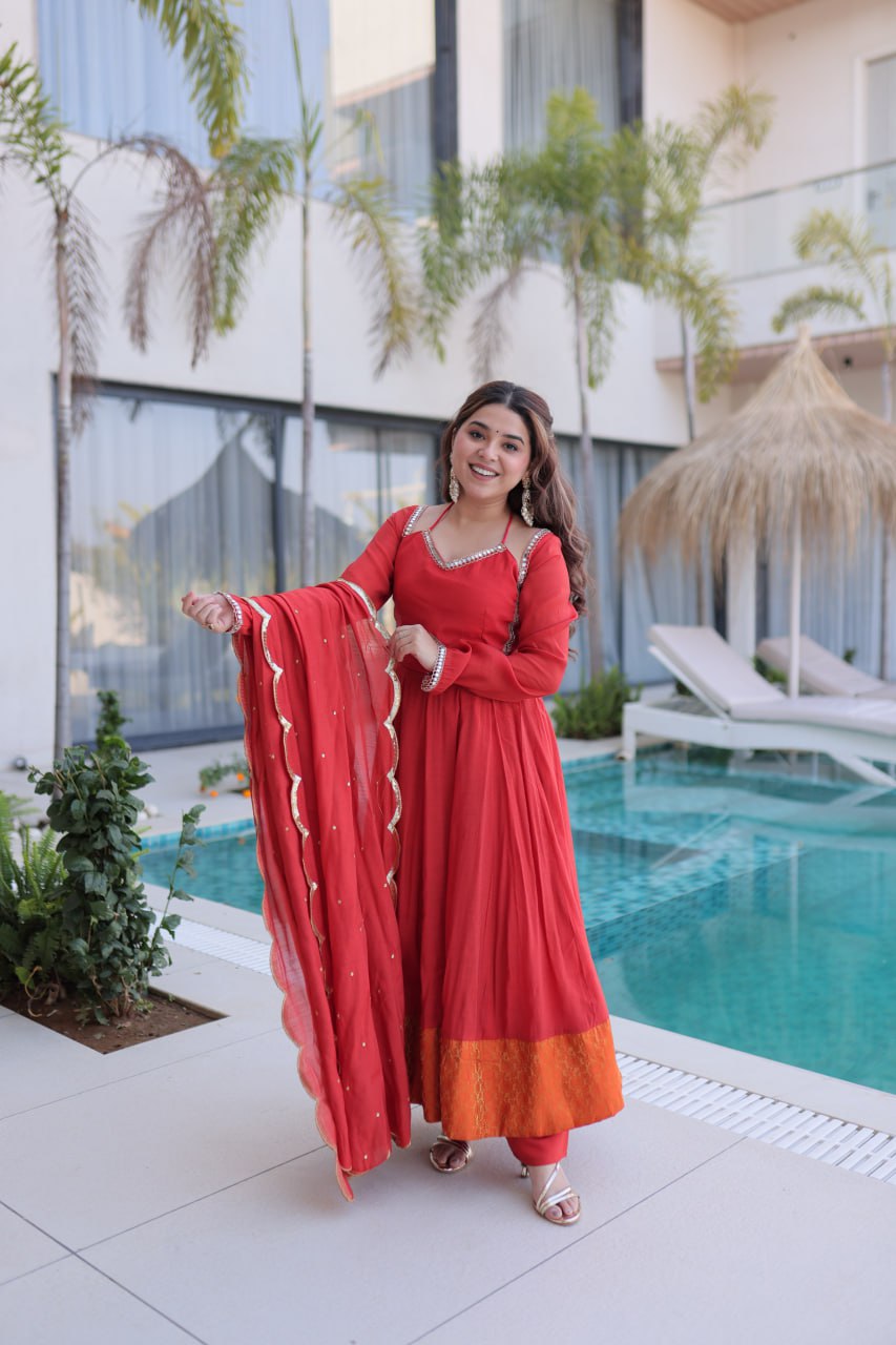 Red Chanderi Mirror Lace Kurti Pant Set ClothsVilla