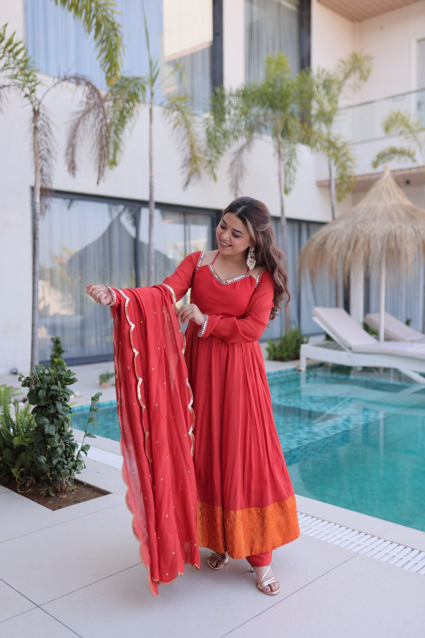 Red Chanderi Mirror Lace Kurti Pant Set ClothsVilla