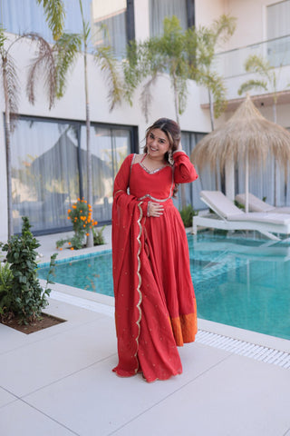 Red Chanderi Mirror Lace Kurti Pant Set ClothsVilla