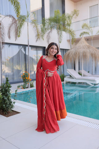 Red Chanderi Mirror Lace Kurti Pant Set ClothsVilla