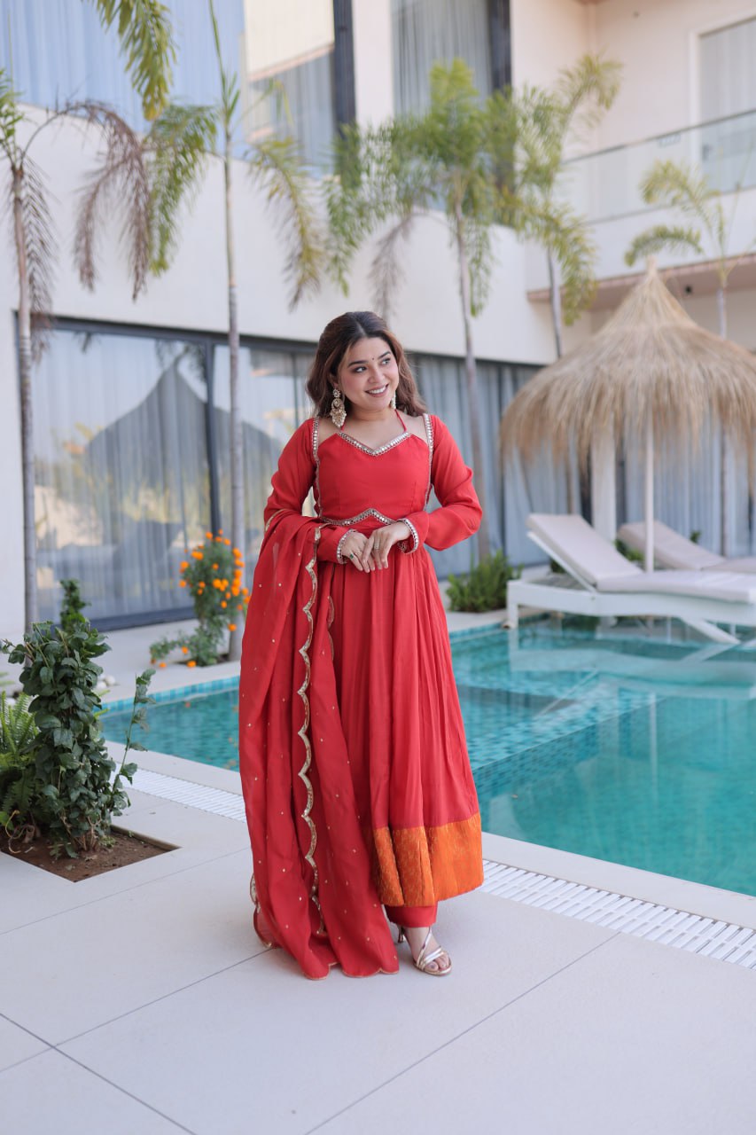 Red Chanderi Mirror Lace Kurti Pant Set ClothsVilla