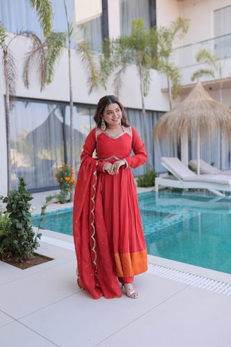 Red Chanderi Mirror Lace Kurti Pant Set ClothsVilla