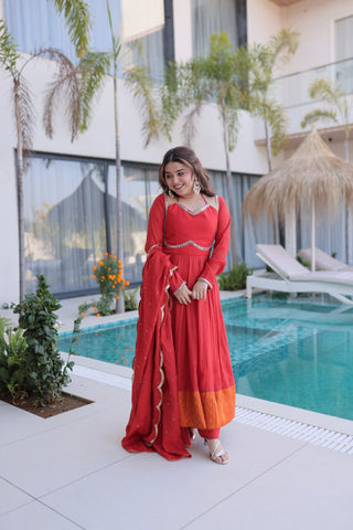 Red Chanderi Mirror Lace Kurti Pant Set ClothsVilla