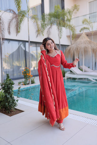 Red Chanderi Mirror Lace Kurti Pant Set ClothsVilla