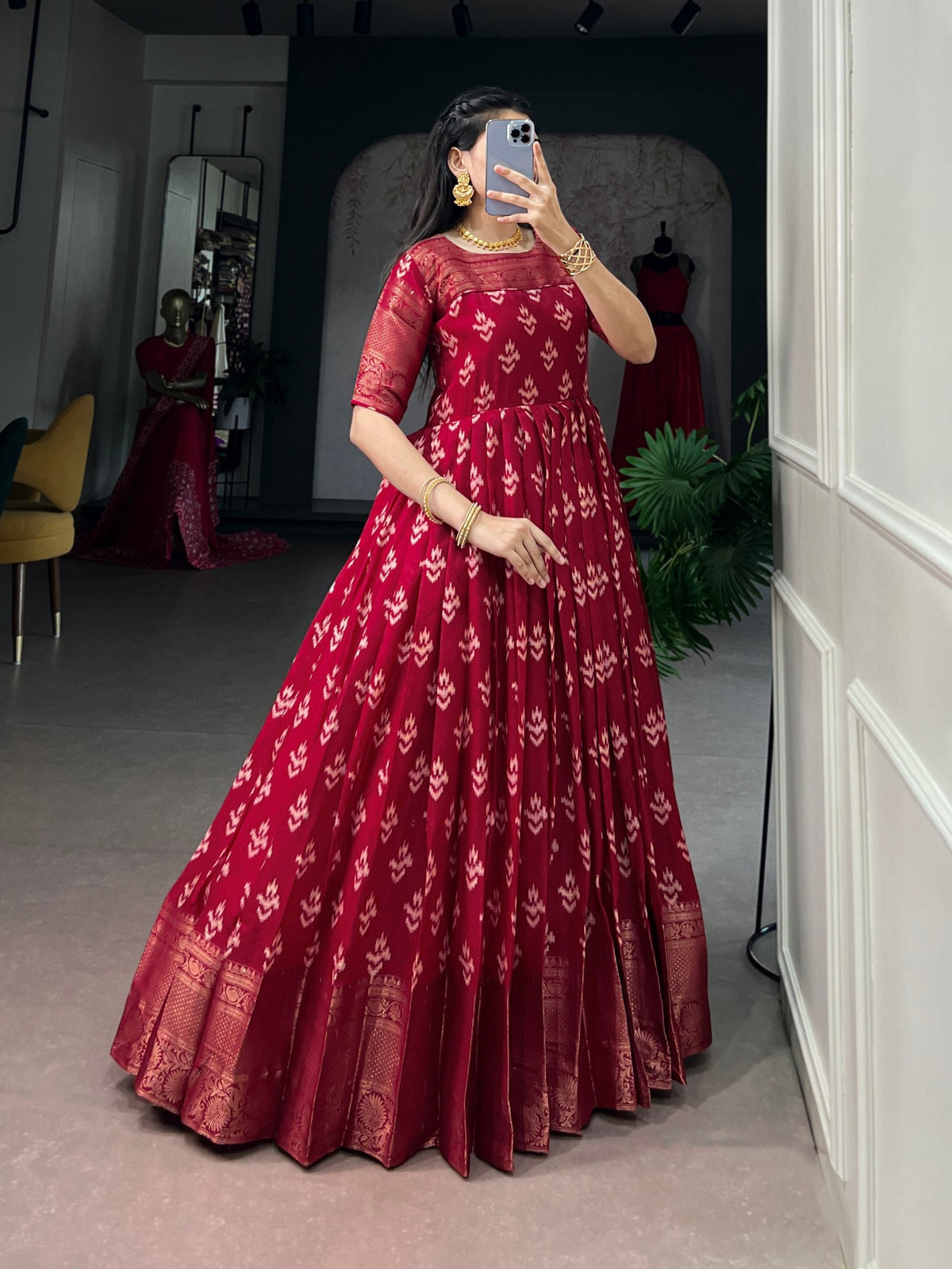 Red Checks Zari Border Dress ClothsVilla