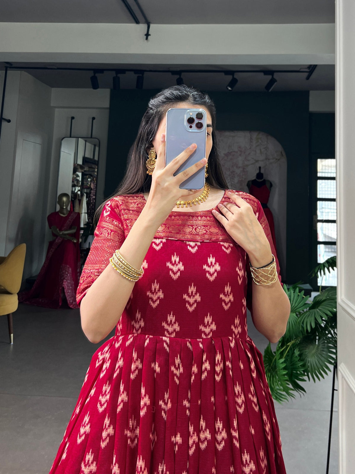 Red Checks Zari Border Dress ClothsVilla
