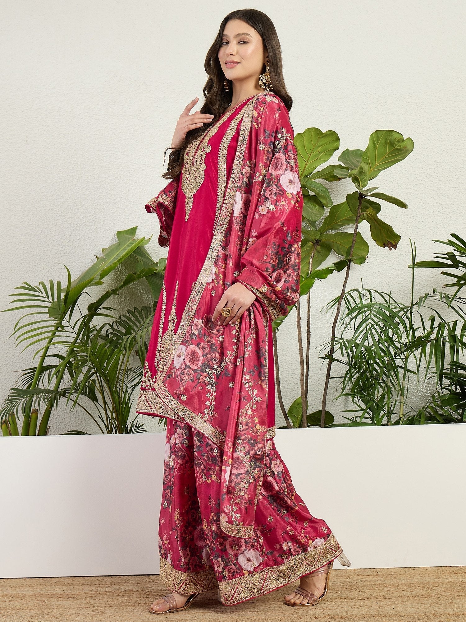 Red Chinon Embroidered Palazzo Set ClothsVilla