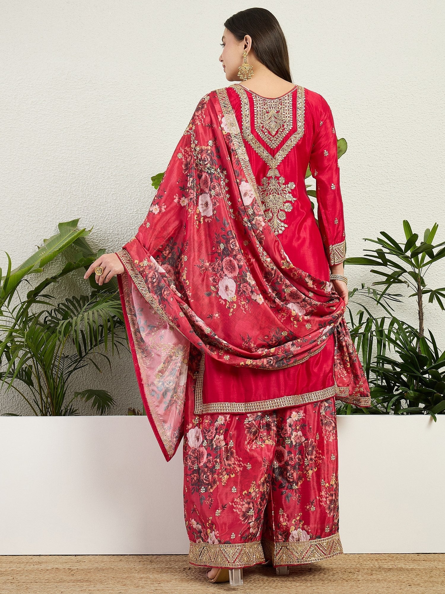 Red Chinon Embroidered Palazzo Set ClothsVilla