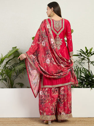 Red Chinon Embroidered Palazzo Set ClothsVilla
