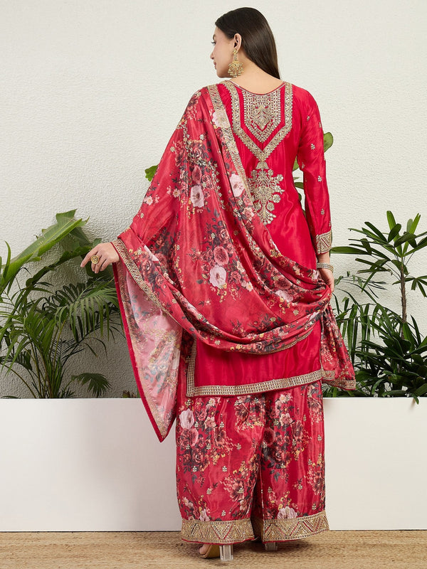 Red Chinon Embroidered Palazzo Set ClothsVilla