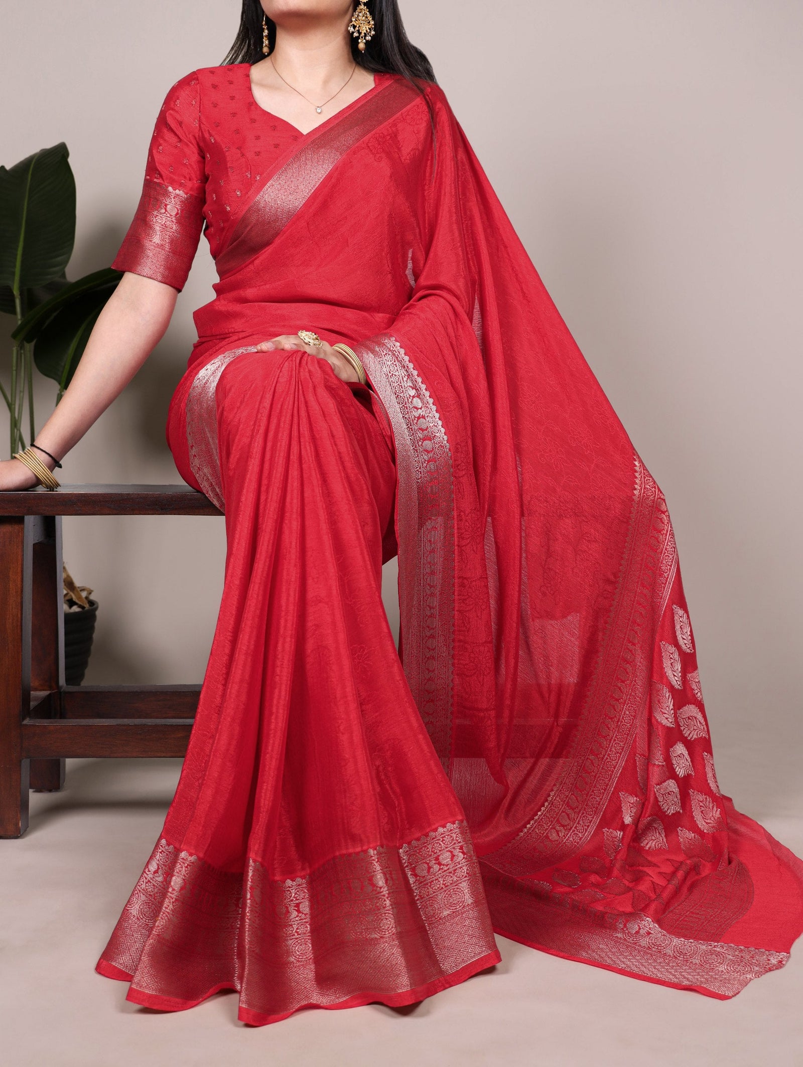 Red Chinon Self-Printed Saree with Zari Weaving Work & Matching Unstitched Blouse – Lightweight Festive & Traditional Wear Saree for Women ClothsVilla
