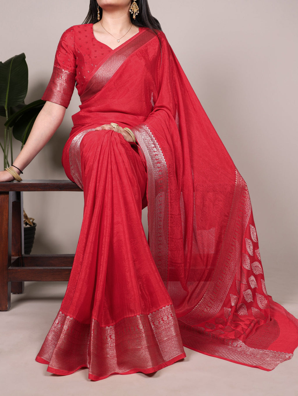 Red Chinon Self-Printed Saree with Zari Weaving Work & Matching Unstitched Blouse – Lightweight Festive & Traditional Wear Saree for Women ClothsVilla