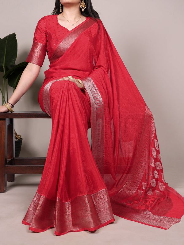 Red Chinon Self-Printed Saree with Zari Weaving Work & Matching Unstitched Blouse – Lightweight Festive & Traditional Wear Saree for Women ClothsVilla