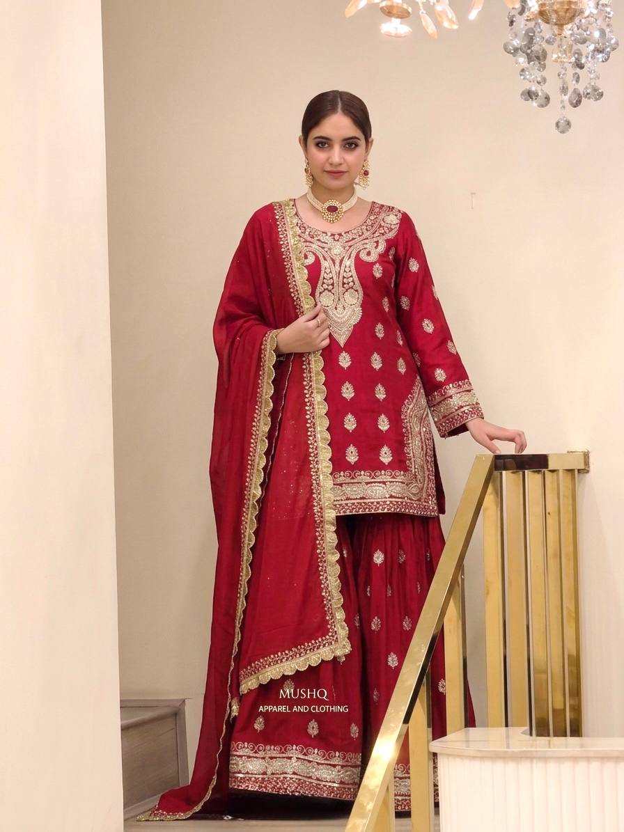 Red Chinon Silk Embroidered Palazzo Suit ClothsVilla