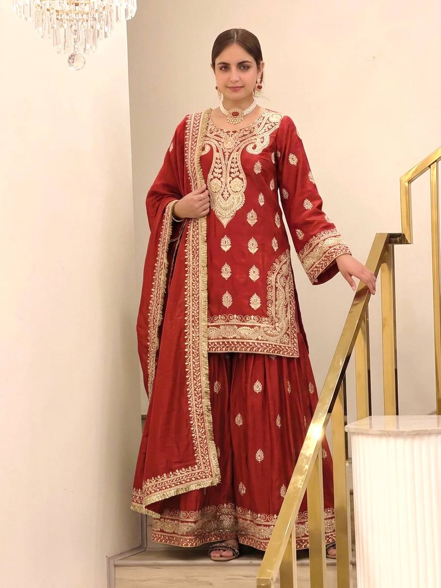 Red Chinon Silk Embroidered Palazzo Suit ClothsVilla