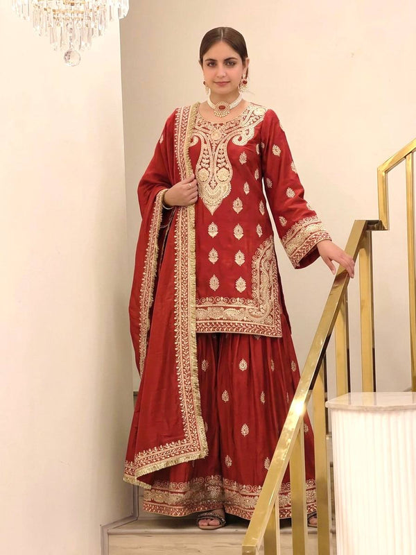 Red Chinon Silk Embroidered Palazzo Suit ClothsVilla
