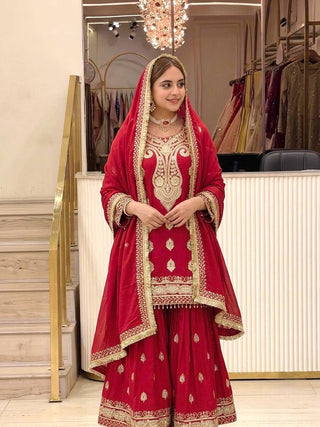 Red Chinon Silk Embroidered Palazzo Suit ClothsVilla