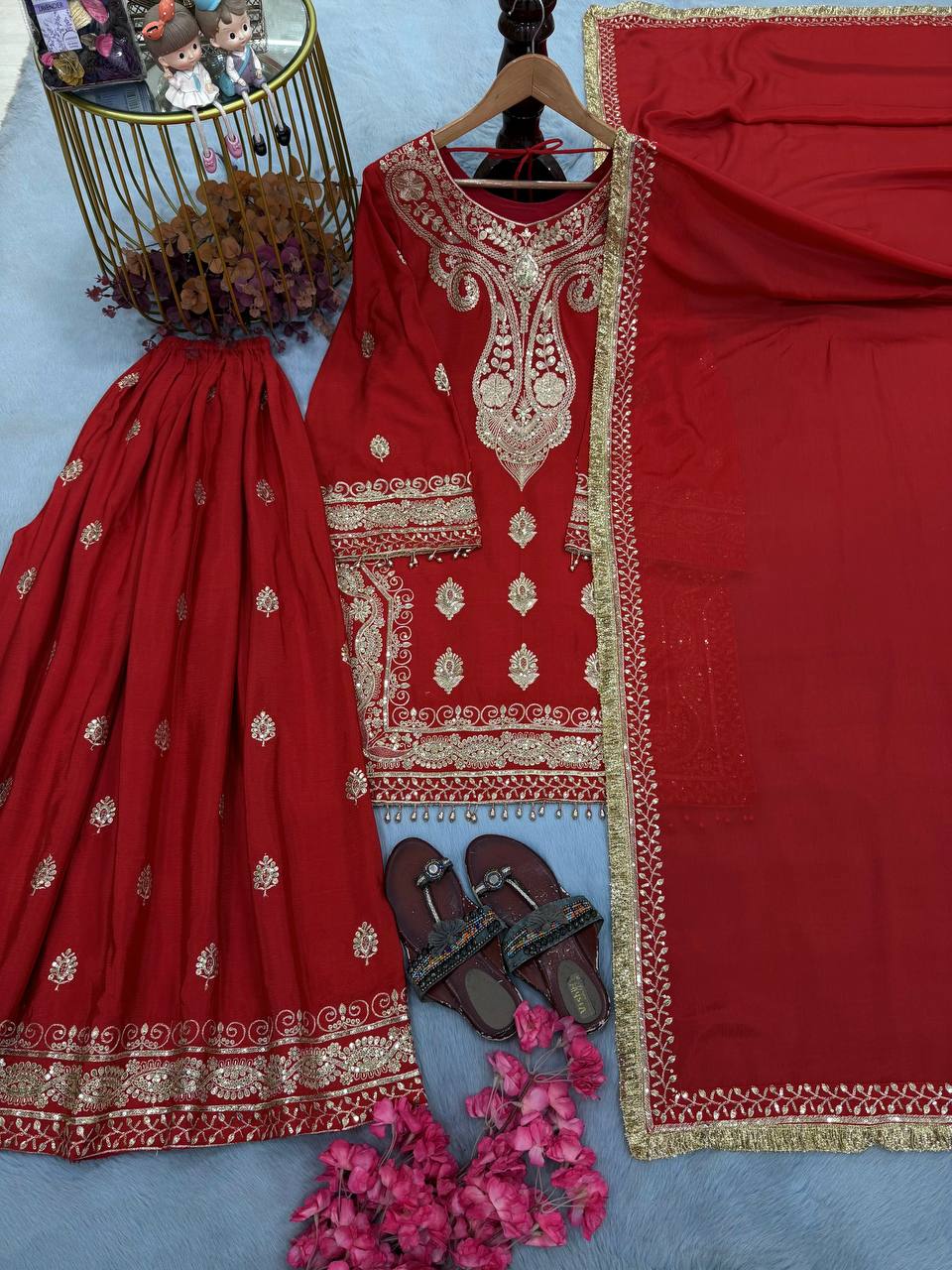 Red Chinon Silk Embroidered Palazzo Suit ClothsVilla