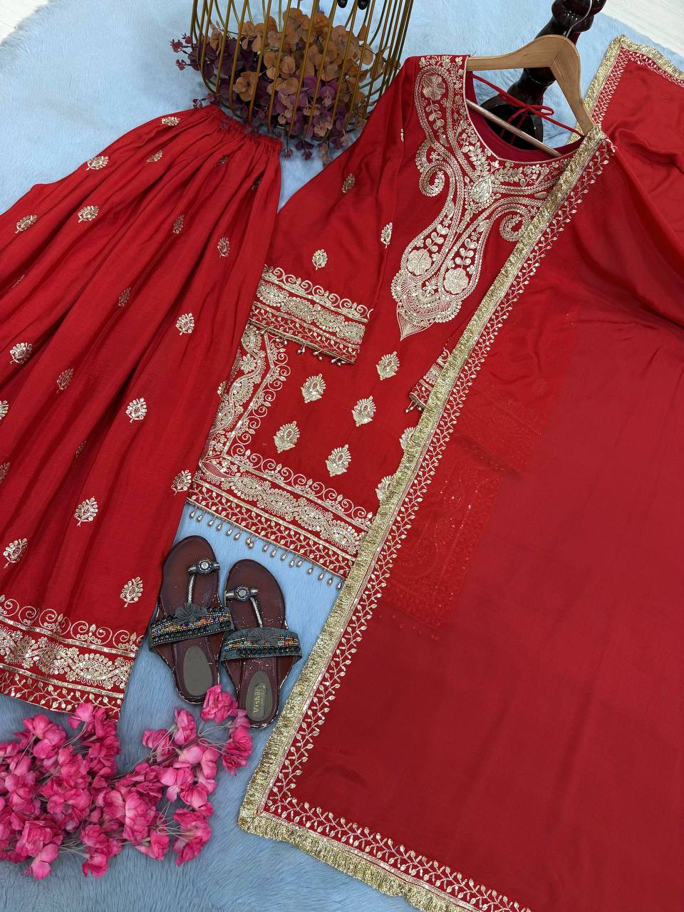 Red Chinon Silk Embroidered Palazzo Suit ClothsVilla