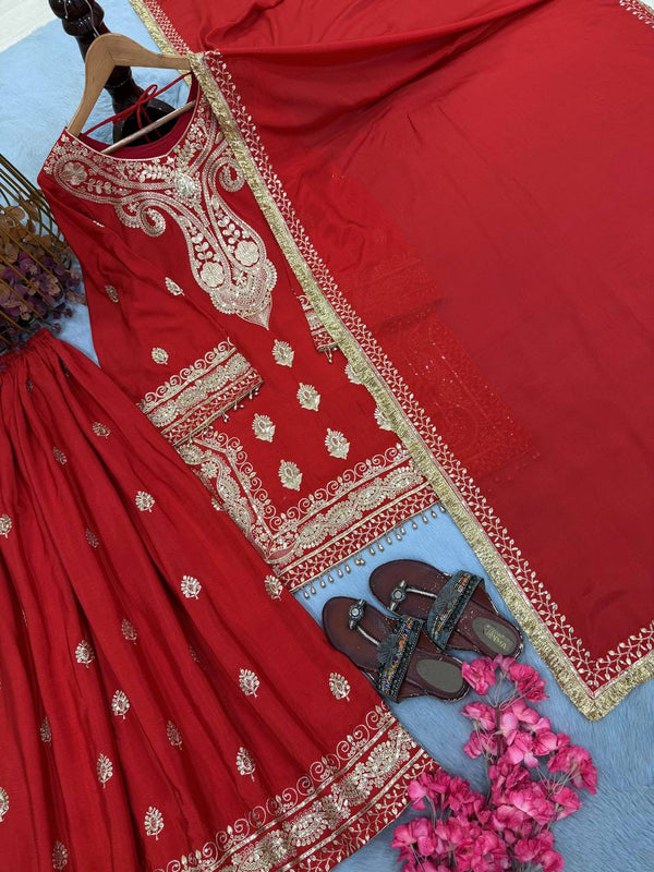 Red Chinon Silk Embroidered Palazzo Suit ClothsVilla