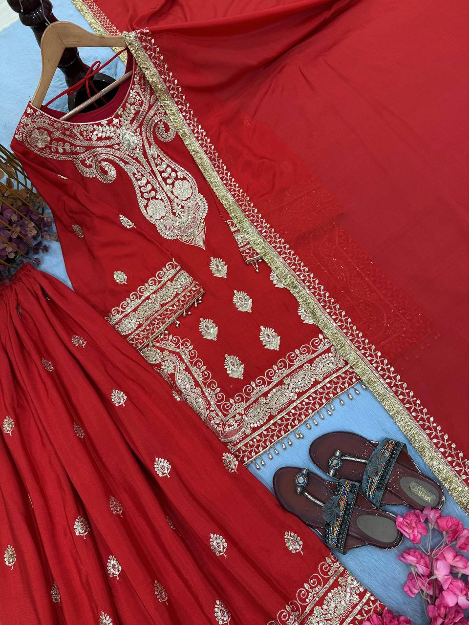 Red Chinon Silk Embroidered Palazzo Suit ClothsVilla