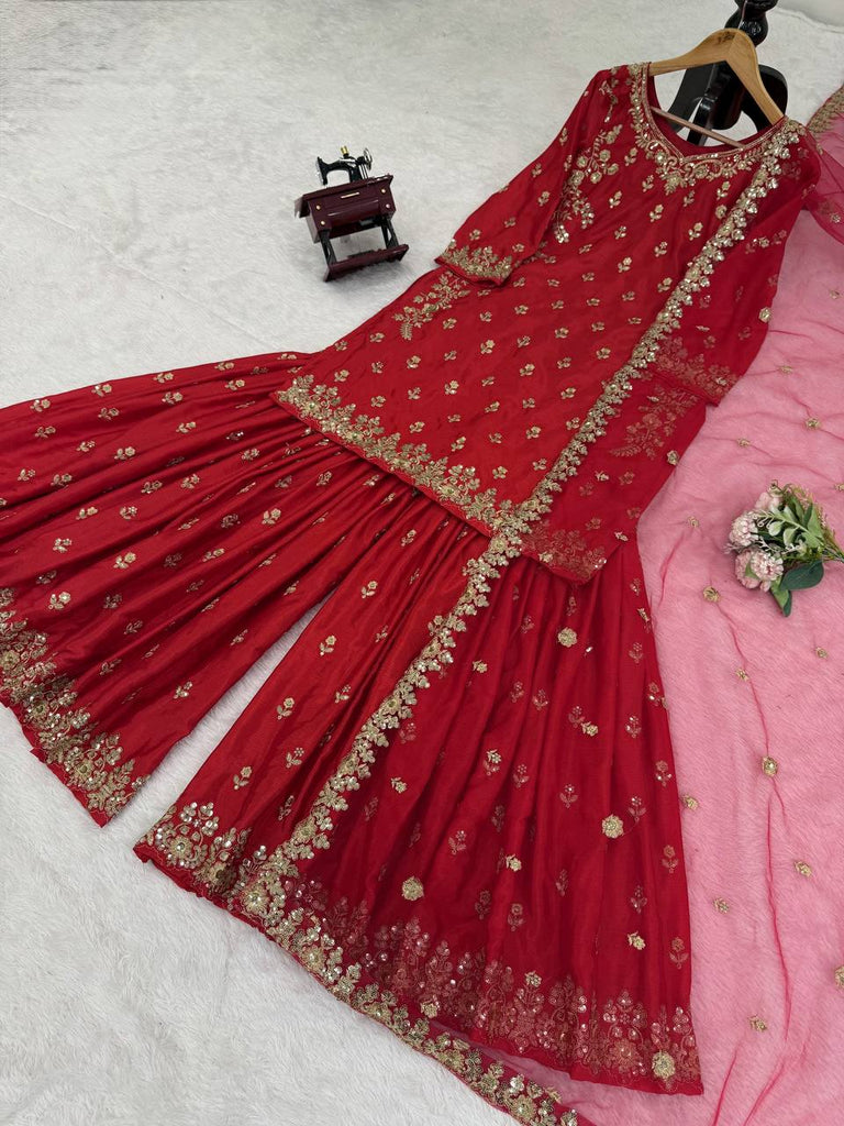 Red Chinon Silk Embroidered Sharara Set with Net Dupatta & Lace Border ClothsVilla