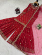 Load image into Gallery viewer, Red Chinon Silk Embroidered Sharara Set with Net Dupatta &amp; Lace Border ClothsVilla