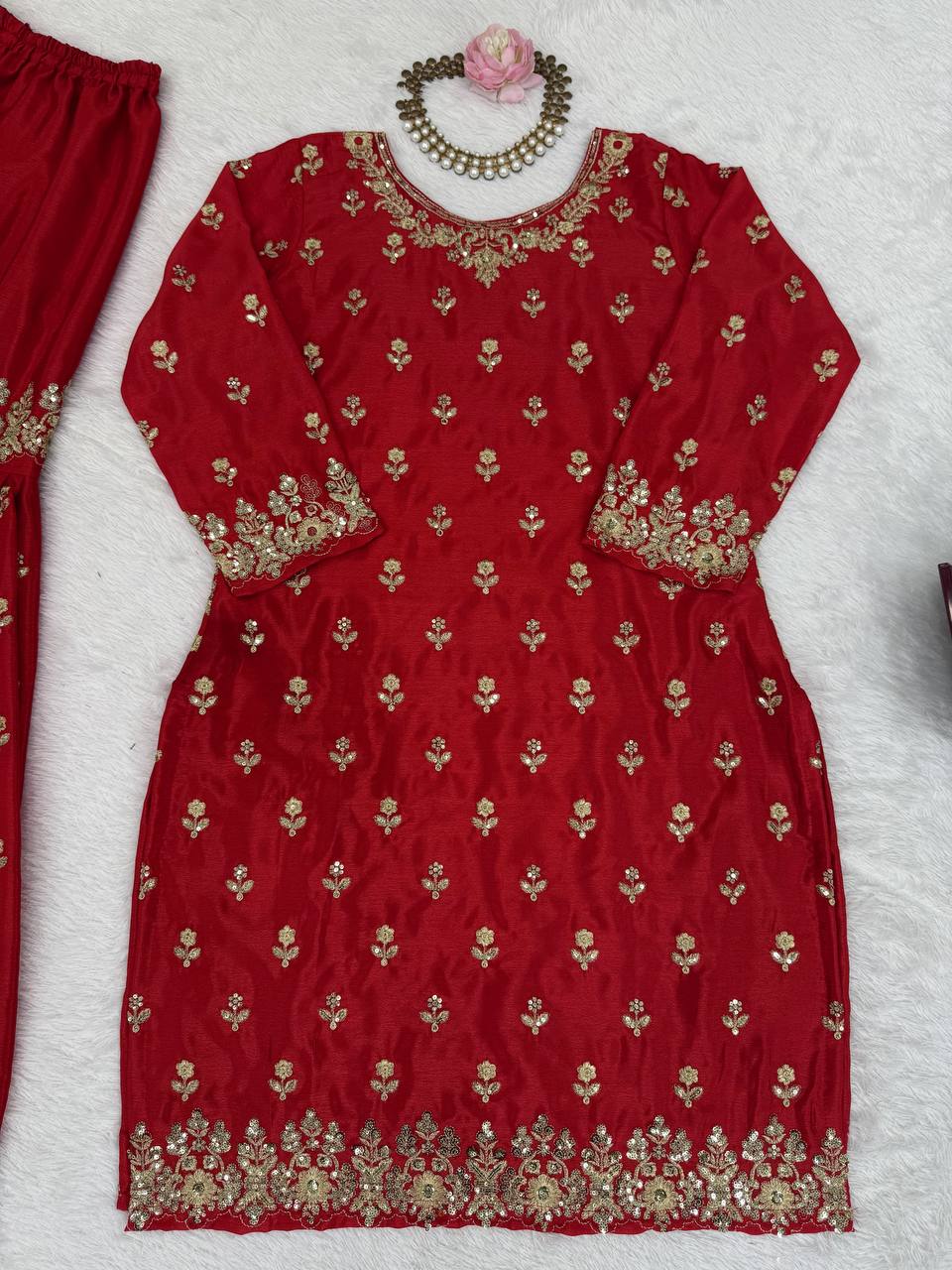 Red Chinon Silk Embroidered Sharara Set with Net Dupatta & Lace Border ClothsVilla