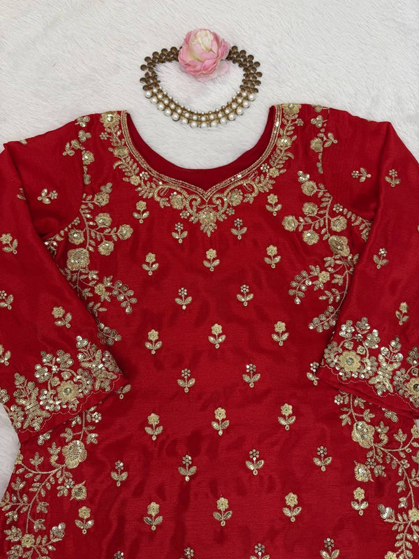 Red Chinon Silk Embroidered Sharara Set with Net Dupatta & Lace Border ClothsVilla